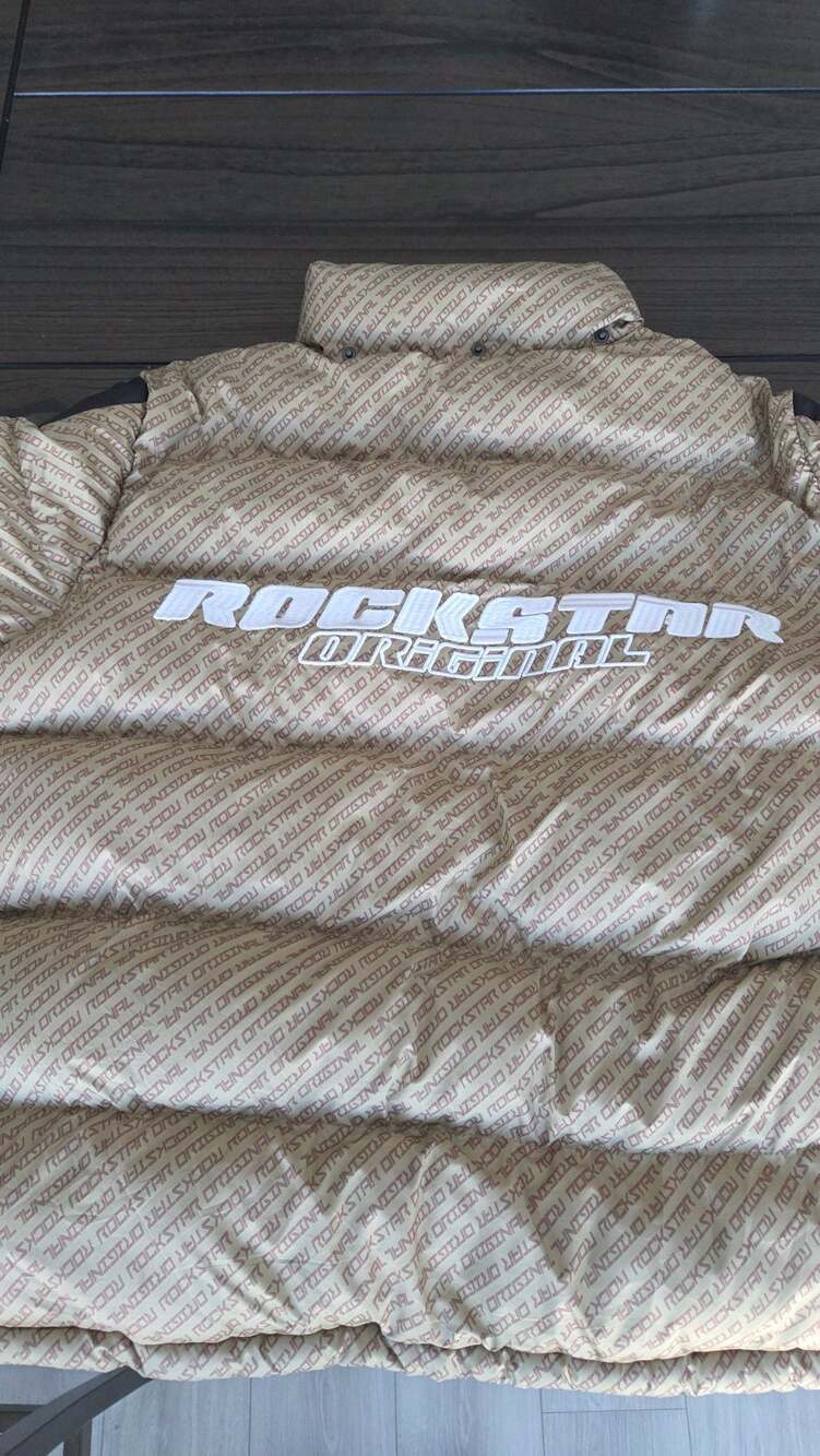 Rockstar Original Tan Monogram Puffer Jacket with Black Sleeve Logo Details